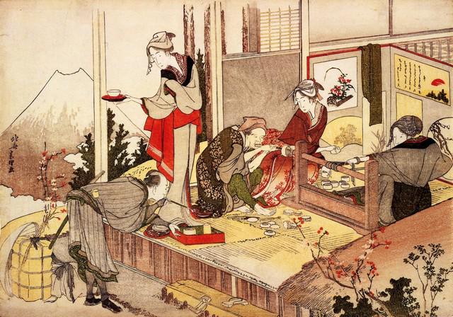 Hokusai - The Studio of Netsuke: Artist: Katsushika Hokusai - Title: The Studio of Netsuke - Medium: Fine Art Giclee on Canvas - Image Size: Approximately 22.5 inches x 32 inches - Unframed on Unstretched Canvas - Biography: ( c. 31 