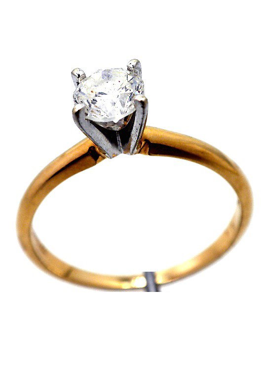 14KT Yellow Gold Diamond Solitaire Ring 0.50ct A2585: "14KT Yellow Gold Diamond Solitaire Ring 0.50ct A2585. Good Condition! HD39RQ. One electronically tested 14KT yellow gold ladies cast diamond solitaire ring. Bright polish finish with rhodium accents.