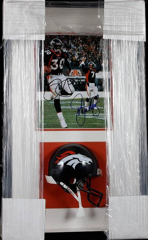 John Elway & Terrell Davis Autographed Mini Helmet Disp: "John Elway & Terrell Davis Autographed Mini Helmet Display Excellent Condition - Thank you for viewing this lot. We are always adding new inventory and new auctions, so check back often. We appreciat