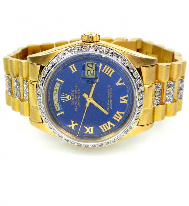 Gents Rolex 18KT Gold Super President Style DayDate Wri: "Gents Rolex 18KT Gold Super President Style DayDate Wristwatch A2557. Excellent Condition! NG1576QT. One gents, hand crafted and machine milled Rolex DayDate model The President wristwatch electronic