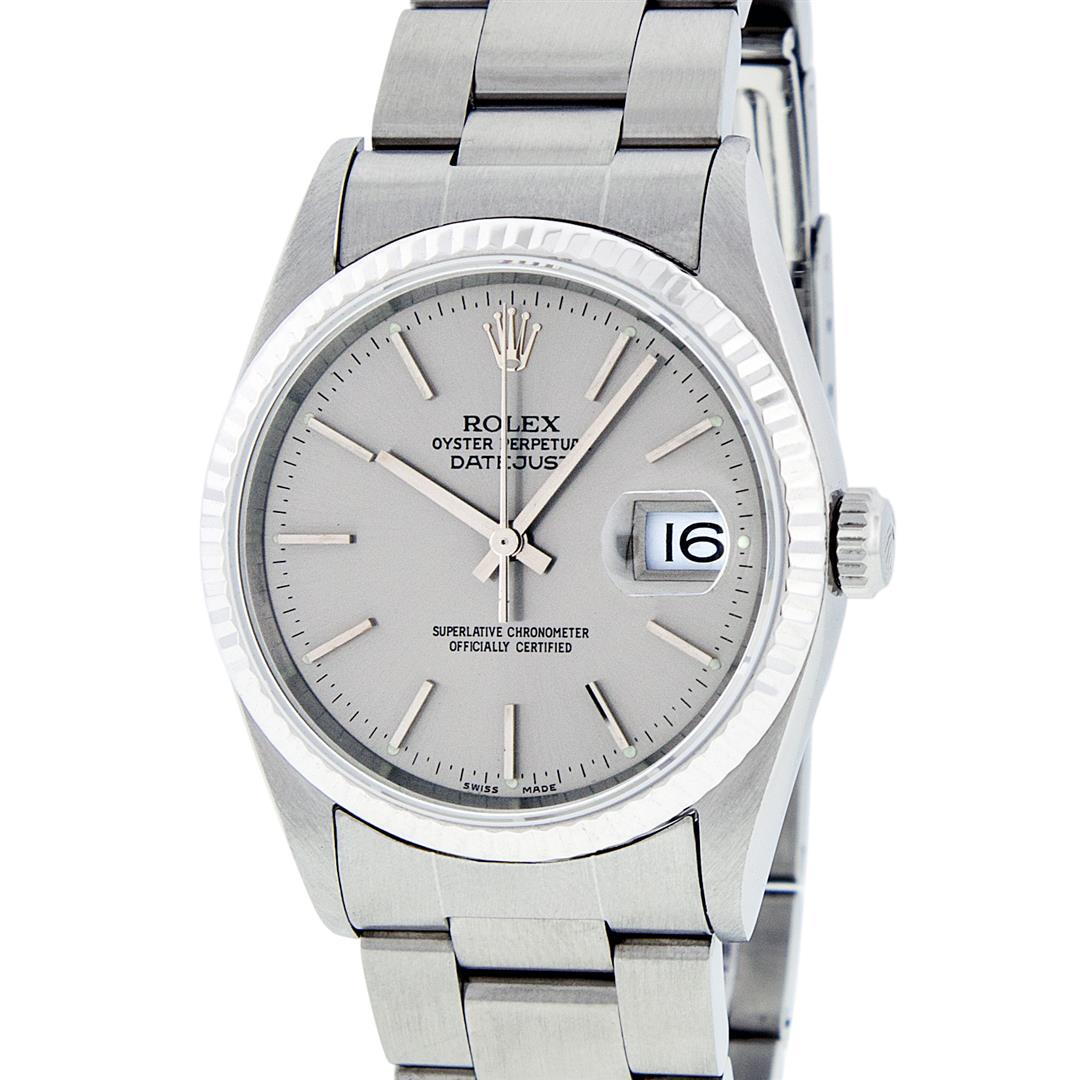 Rolex Mens Stainless Steel Slate Grey Index Datejust Oyster Band Datejust Wristw: One Mens Rolex Stainless Steel Datejust Polished Bright with Satin Finish, Serviced & Electronically Tested, Rolex Stainless Steel Case: 36mm, Rolex Stainless Steel Crown, Rolex Bezel: Rolex White Gol