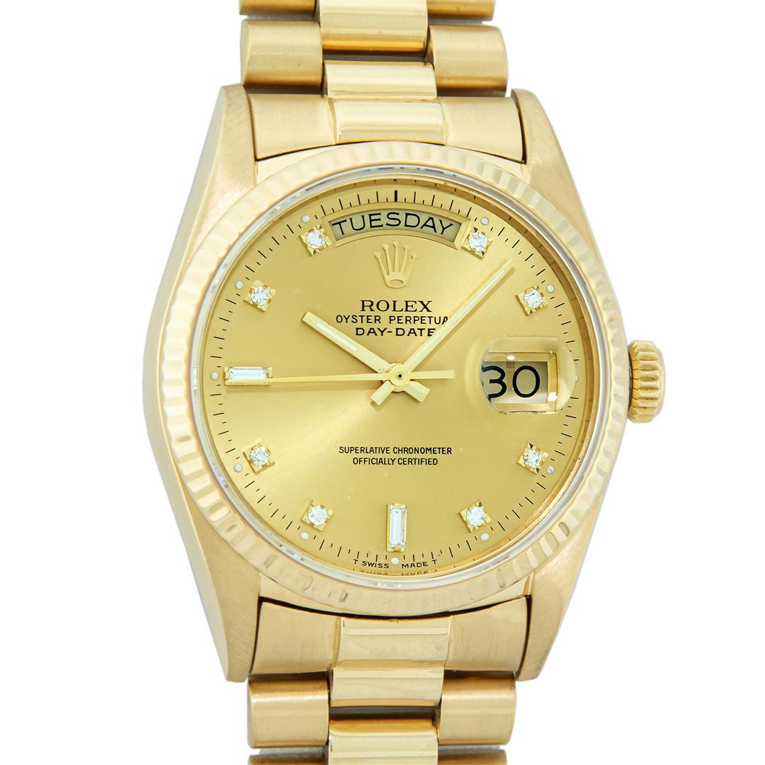 Rolex Mens 18K Yellow Gold Presidential With Factory Diamond Dial: One Mens Pre Owned Quickset Rolex Day Date 18K Yellow Gold President Polished, Serviced & Electronically Tested, Rolex 18K Yellow Gold Case: 36mm, Rolex 18K Yellow Gold Crown, Rolex Bezel: 18K Yellow