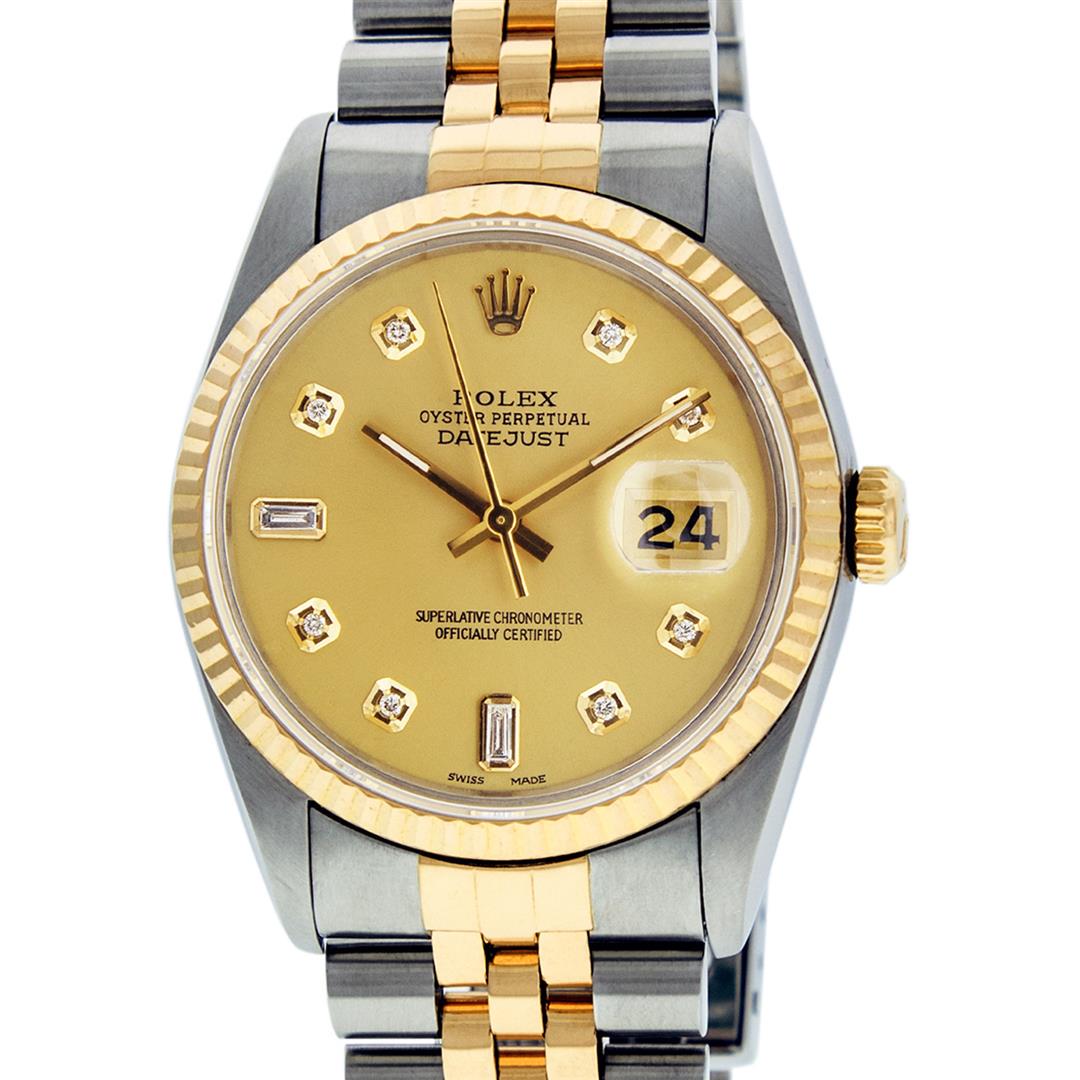 Rolex Mens 2 Tone Champagne Diamond 36MM Datejust Oyster Perpetual Wristwatch: One Mens Pre Owned Yellow Gold Two Tone Rolex Datejust Polished, Serviced & Electronically Tested, Rolex Yellow Gold & Stainless Steel Case: 36mm, Rolex Yellow Gold Crown, Rolex Bezel: Yellow Gold Flu