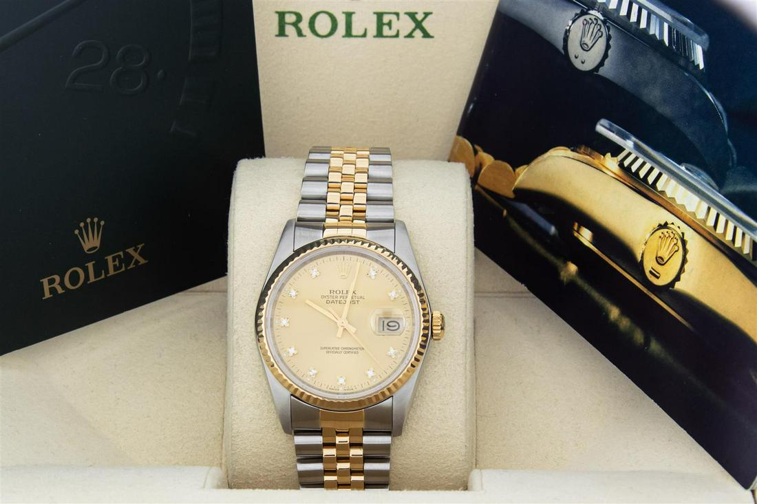 Rolex Mens 18K/SS Factory Champagne Diamond Dial With Box And Booklets: One Mens 18K Yellow Gold & Stainless Steel Two Tone Rolex Oyster Perpetual Datejust Polished, Serviced & Electronically Tested, 18K Yellow Gold & Stainless Steel Case: 36mm, Original Bezel: 18K Yellow