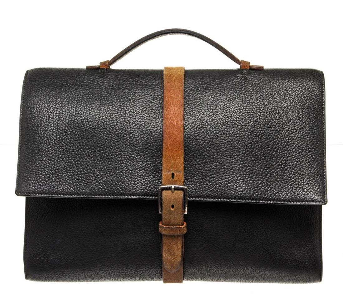 Hermes Black Leather Etriviere Documents Messenger Bag: Hermes Black Leather Etriviere Documents Messenger Bag with leather, gold-tone hardware, trim leather, interior slip pocket, shoulder strap and flap closure.