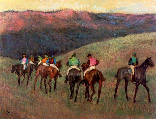 Edgar Degas - Jockeys In Training: Artist: Degas - Title: Jockeys In Training - Medium: Fine Art Reproduction Giclee on Archival Canvas - Image Size: Approximately 15.25 inches x 20 inches - Framed: Unframed on Unstretched Canvas - Edg