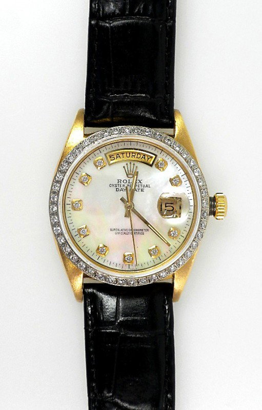 Gents Rolex 18KT Gold DayDate Wristwatch 1.00ct A2553: "Gents Rolex 18KT Gold DayDate Wristwatch 1.00ct A2553. Excellent Condition! KB1515HT. One gents hand crafted & machine milled Rolex DayDate wristwatch electronically tested 18KT yellow gold, Case: 35