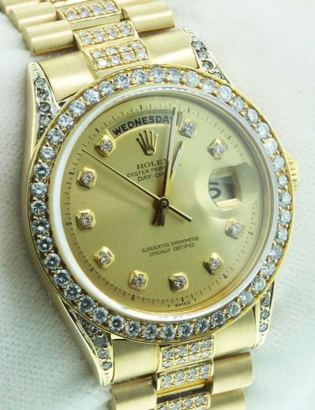 Gents Rolex 18KT Gold Super President Style DayDate Wri: "Gents Rolex 18KT Gold Super President Style DayDate Wristwatch 5.00ct A2659. Excellent Condition! NX1518KS. One gents, hand crafted & machine milled Rolex DayDate model wristwatch the President elect