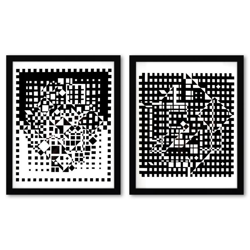 YMPHY et Aguia-II de la serie Croises (Diptych) by Vasarely (1908-1997): "YMPHY et Aguia-II de la serie Croises (Diptych)" is a set of heliogravure prints on paper, published in 1973, by Victor Vasarely (1908-1997). These pieces come custom framed, with a letter of authent