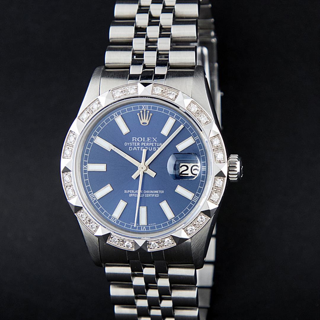 Rolex Stainless Steel 36MM Blue Index Diamond Oyster Perpetual Datejust Wristwat: One Mens Stainless Steel Rolex Datejust Polished Bright with Satin Finish, Serviced & Electronically Tested, Stainless Steel Case: 36mm, Stainless Steel Crown, Custom Bezel: New 18K White Gold Pyramid