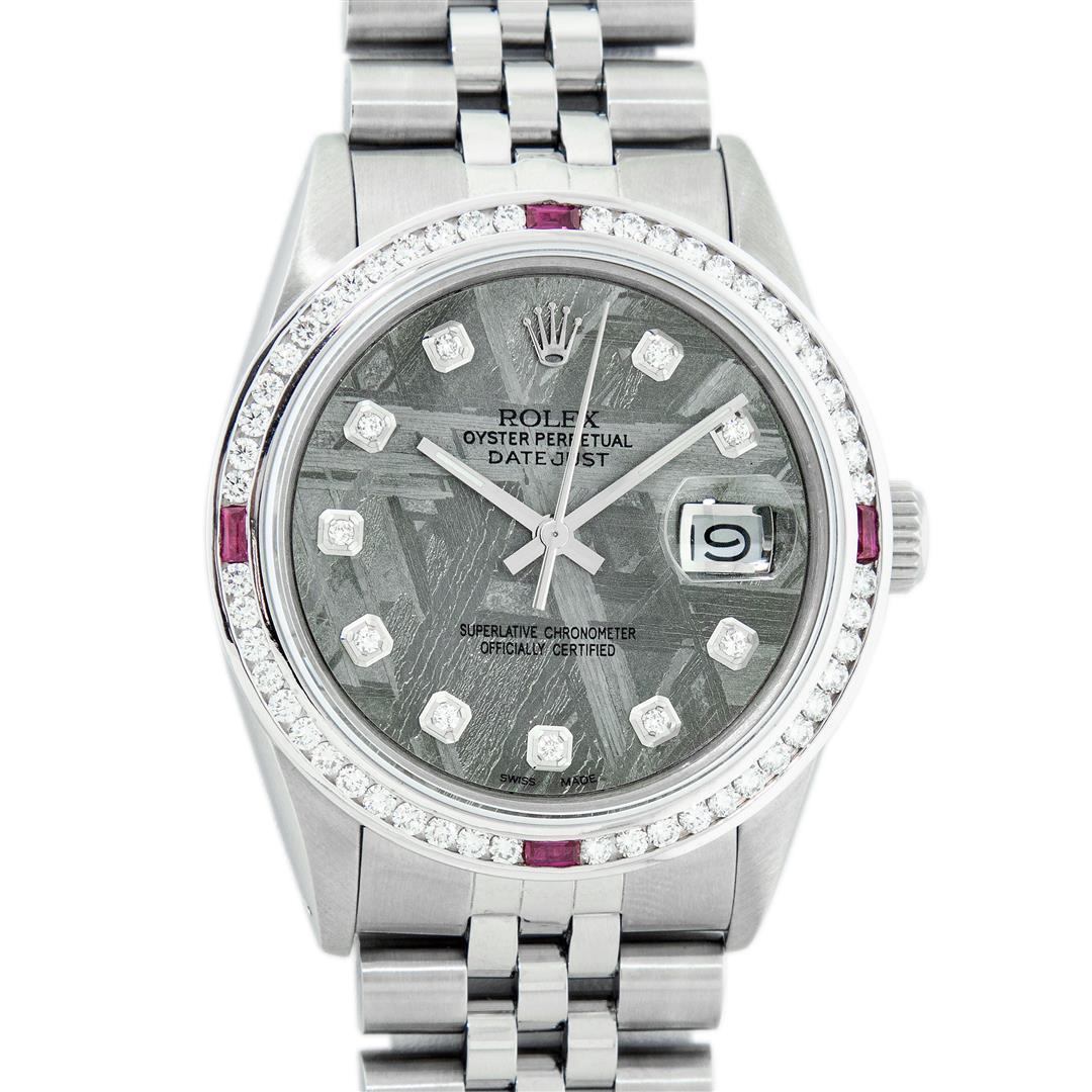 Rolex Mens SS Meteorite Diamond & Ruby Channel Set Oyster Perpetual Datejust Wri: One Mens Stainless Steel Rolex Datejust Polished Bright with Satin Finish, This Watch Has Been Serviced & Electronically Tested, Stainless Steel Case: 36mm, Stainless Steel Crown, Custom Bezel: New 18