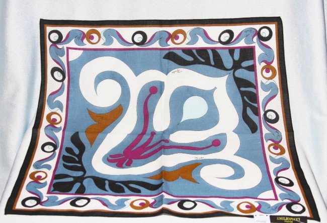 New Authentic Emilio Pucci Scarf/Bandana ED509: "New Authentic Emilio Pucci Scarf/Bandana ED509. Excellent Condition! VC9UT. This is a new 100% AUTHENTIC GENUINE "PUCCI" made in Italy 100% Cotton design print scarf! It has a retail value of $120.00