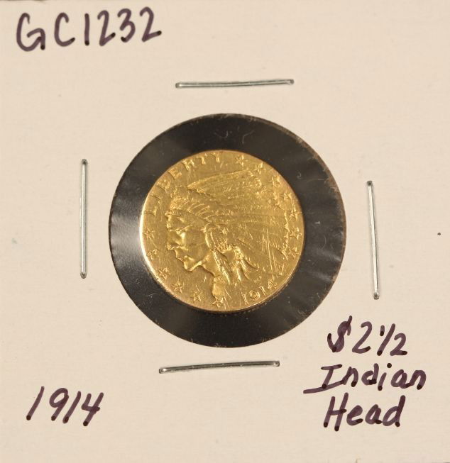1914 $2 1/2 Indian Head Gold Coin GC1232: "1914 $2 1/2 Indian Head Gold Coin GC1232. As-Is Condition! PA791HY. 1914 $2 1/2 Indian Head Gold Coin Thank you for viewing this lot. We are always adding new inventory and new auctions, so check bac