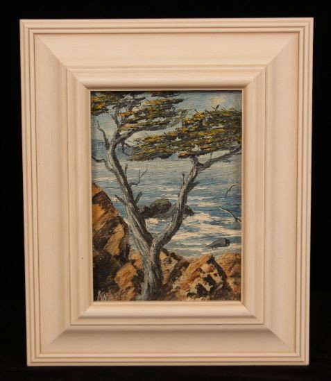 CF Knauff Listed Impressionist ED552: "CF Knauff Listed Impressionist ED552. Excellent Vintage Condition! TI88LV. This wonderful California impressionist seascape depicts what appears to be a Cypress along the Monterey coast. This origina