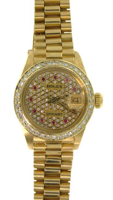 Ladies 18KT Gold Rolex Diamond DateJust Wristwatch A267: "Ladies 18KT Gold Rolex Diamond DateJust Wristwatch A2670. Excellent Condition! UE1584QI. One ladies, hand crafted and machine milled Rolex DateJust model the Lady President wristwatch electronically