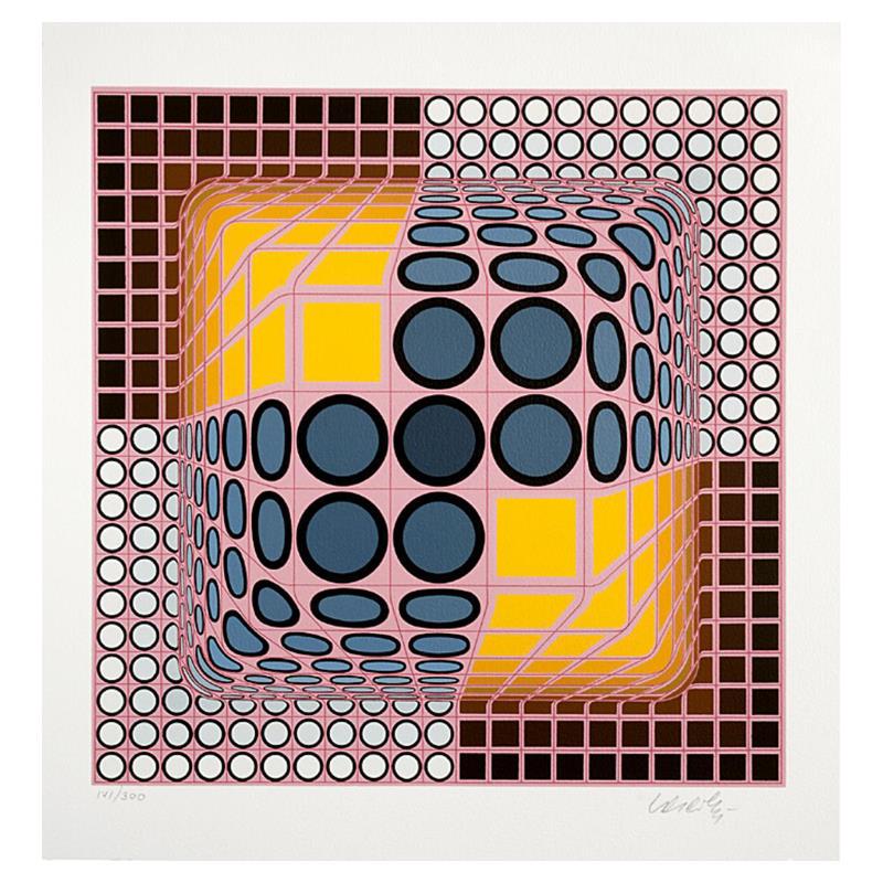 Pink Composition by Vasarely (1908-1997): "Pink Composition", is a limited edition Serigraph on Paper by Victor Vasarely (1908-1997). Numbered and hand signed, this piece is accompanied by a letter of authenticity. Measures approximately 16" 