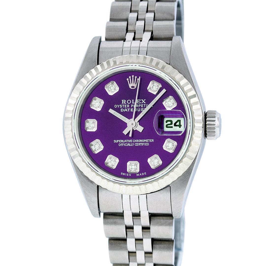 Rolex Ladies Stainless Steel Purple Diamond Quickset Datejust Wristwatch: One Ladies Pre Owned Quickset Stainless Steel Rolex Datejust Polished Bright with Satin Finish, Serviced & Electronically Tested, Rolex Stainless Steel Case: 26mm, Rolex Stainless Steel Crown, Rolex B