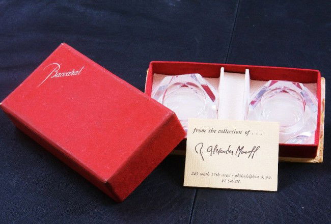 Baccarat Set of Antique Crystal Salt Cellars ED21: "Baccarat Set of Antique Crystal Salt Cellars ED21 Excellent Condition! XY19KP. No chips or cracks. Two Crystal salt cellars, 7/8" high and 2 1/8" wide, in original box. Genuine Baccarat Crystal. - Th