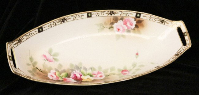 Nippon Hand Painted Handled Tray ED870: "Nippon Hand Painted Handled Tray ED870. Excellent Vintage Condition! GC12JV. A Nippon blue raised gold & pink rose handled tray measuring 12". With a retail value of $185.00 this tray is exquisitely 