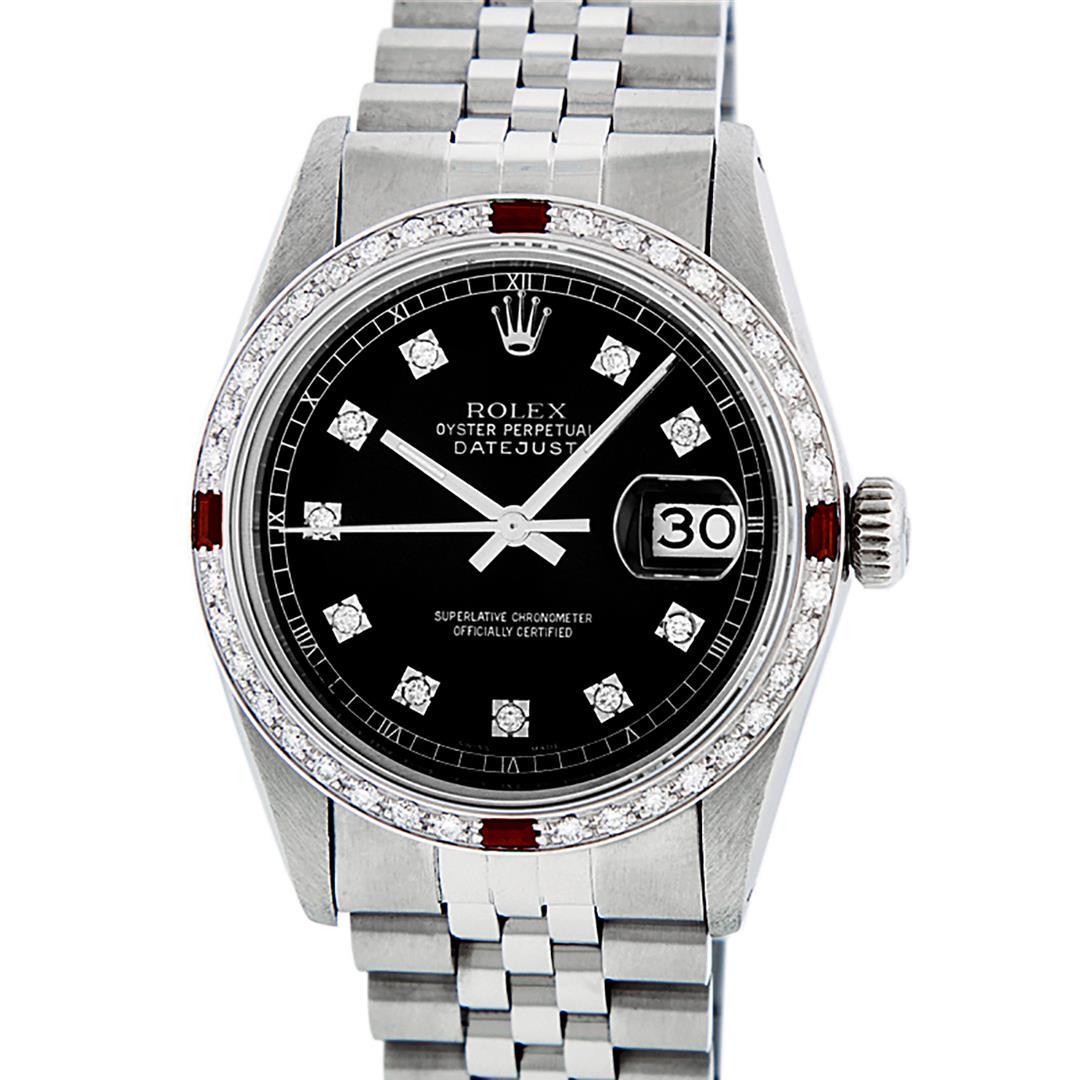 Rolex Mens Datejust 36 Black Diamond & Ruby Datejust Wristwatch: One Mens Pre Owned Stainless Steel Rolex Datejust Polished, Serviced & Electronically Tested, Rolex Stainless Steel Case: 36mm, Rolex Stainless Steel Crown, Custom Bezel: New 18K White Gold Rubies Bea