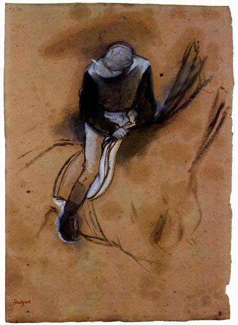 Edgar Degas - Jockey Forward Flexed Standing In The Saddle: Artist: Degas - Title:Jockey Forward Flexed Standing In The Saddle - Medium: Fine Art Reproduction Giclee on Archival Canvas - Image Size: Approximately 20 inches x 14.75 inches - Framed: Unframed on 