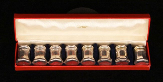 Cartier Sterling Silver Boxed Set of 8 Salt and Pepper : Cartier Sterling Silver Boxed Set of 8 Salt and Pepper Casters ED902. Excellent Vintage Condition! AX111FJ. Set of 8 antique sterling silver salt and pepper casters by Cartier. No dents, unpolished. T
