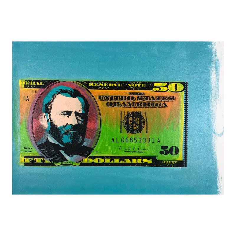 50 Dollar Bill by Steve Kaufman (1960-2010): "Half Grant" is limited edition hand pulled silkscreen unique mixed media on canvas by Andy Warhol protege Steve Kaufman (1960-2010). This piece is numbered and hand signed inverso and includes a lett