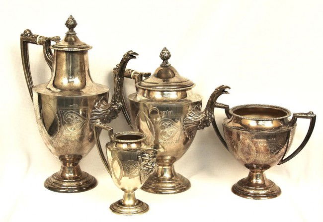 Antique Figural Neoclassic Style Coffee/Tea Set NS90: "Antique Figural Neoclassic Style Coffee/Tea Set NS90. Excellent Vintage Condition! SLKA. Antique Figural Neoclassic Style 4-pc. coffee/tea set. Large urn form body decorated with chased cartouches, n