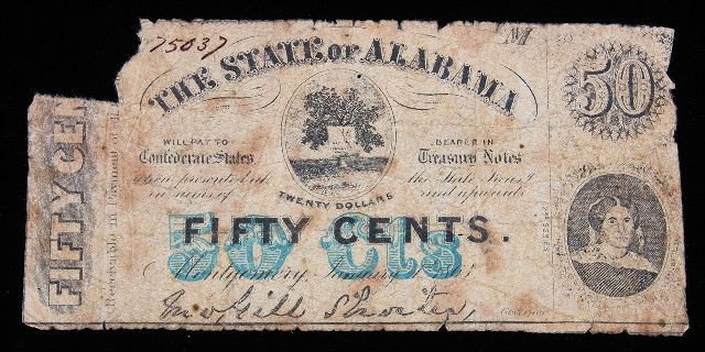 1863 State of Alabama Treasury Note to Confederate Stat: "1863 State of Alabama Treasury Note to Confederate States. PM1650 Excellent Circulated Condition! ML51FV. January 1, 1863 State of Alabama $0.50 Treasury Note payment to Confederate States. Thank you