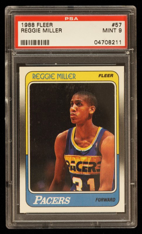 1988 Fleer Reggie Miller Rookie Card C277: "1988 Fleer Reggie Miller Rookie Card C277. As-Is Condition! GN62EM. One 1988 Fleer Reggie Miller Rookie Card #57. PSA Graded: 9. Team: Indiana Pacers. Thank you for viewing this lot. We are always ad