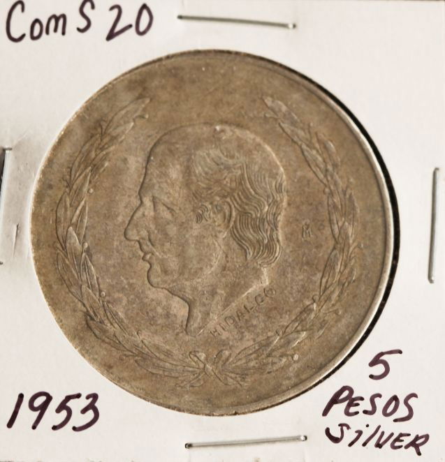 1953 Hidalgo Cinco Pesos Silver Coin COMS20: "1953 Hidalgo Cinco Pesos Silver Coin COMS20. As-Is Condition! LP81DF. 1953 Hidalgo Cinco Pesos Silver Coin. 27.6 grams of Silver. Thank you for viewing this lot. We are always adding new inventory an