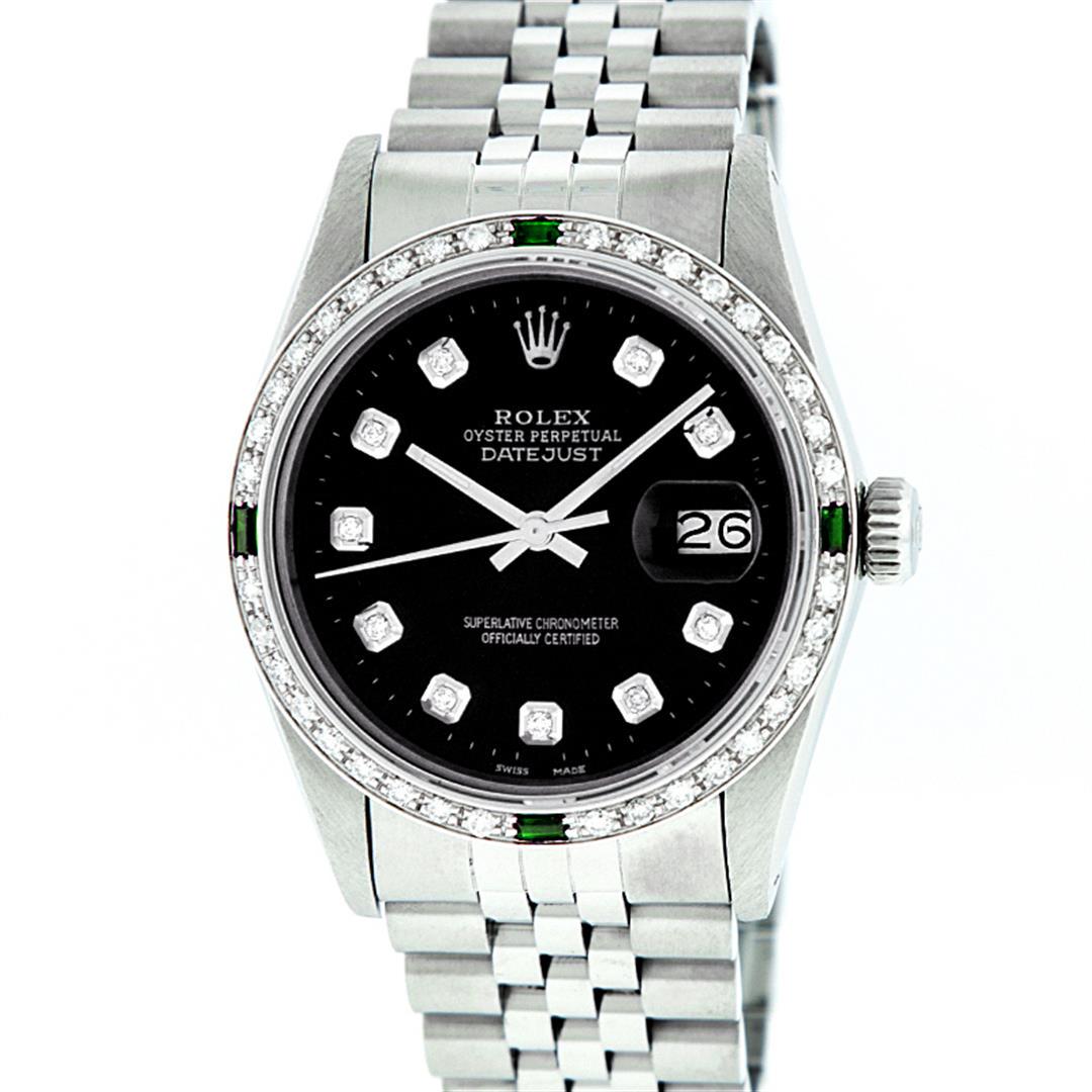 Rolex Mens Stainless Steel Slate Black Diamond & Emerald Datejust Wristwatch: One Mens Pre Owned Stainless Steel Rolex Datejust Polished, Serviced & Electronically Tested, Rolex Stainless Steel Case: 36mm, Rolex Stainless Steel Crown, Custom Bezel: New 18K White Gold Emerald Be