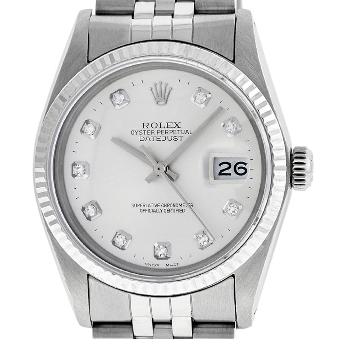 Rolex Mens Stainless Silver Diamond 36MM Datejust Wristwatch: One Mens Pre Owned Stainless Steel Rolex Datejust Polished Bright with Satin Finish, This Watch Has Been Serviced & Electronically Tested, Rolex Stainless Steel Case: 36mm, Rolex Stainless Steel Crown