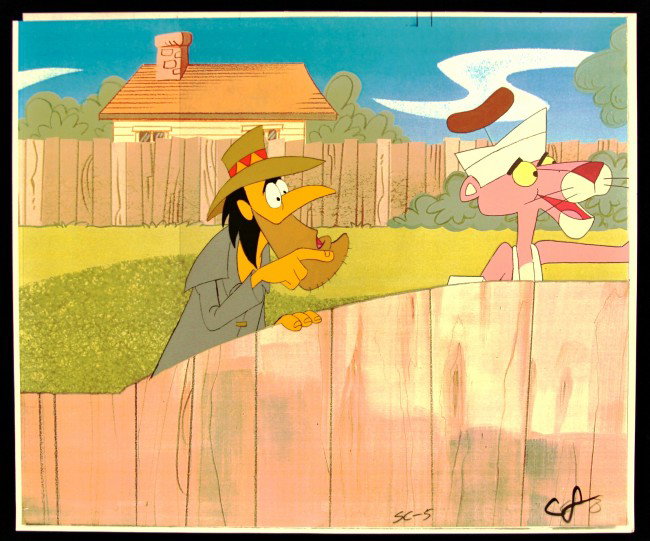 Pink Panther "Supporting Characters" Cartoon Cel and Dr: "Pink Panther "Supporting Characters" Cartoon Cel and Drawing PINKP47. As-Is Condition! ZP61MQ. An original "Supporting Characters" cartoon Cel from The Pink Panther films created by Friz Freleng and 