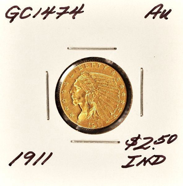 1911 $2 1/2 Au Indian Head Quarter Eagle Gold Coin GC14: "1911 $2 1/2 Au Indian Head Quarter Eagle Gold Coin GC1474. As-Is Condition! UV172IJ. 1911 $2 1/2 Au Indian Head Quarter Eagle Gold Coin. Thank you for viewing this lot. We are always adding new inven