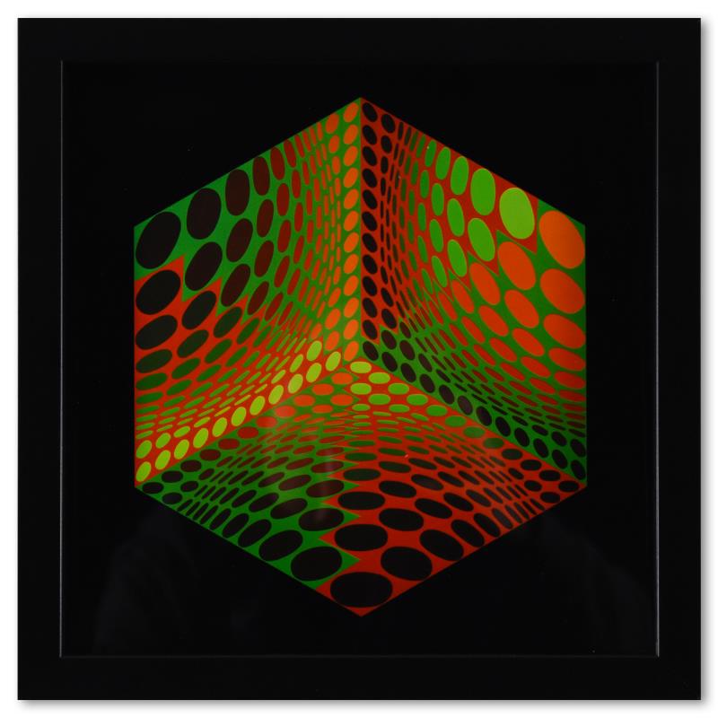 Tupa - 2 de la serie Structures Universelles De L Hexagone by Vasarely (1908-199: "Tupa - 2 de la serie Structures Universelles De L Hexagone" is a heliogravure print on paper, published in 1975, by Victor Vasarely (1908-1997). This piece comes custom framed, with a letter of authe