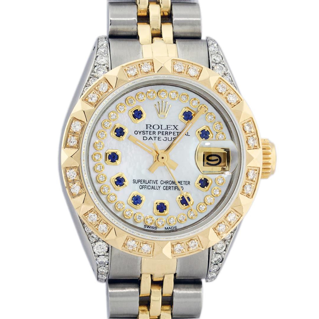 Rolex Ladies 26 Yellow Gold And Stainless Steel MOP Sapphire Lugs Oyster Perpetu: One Ladies Two Tone Rolex Datejust Polished, Serviced & Electronically Tested, Yellow Gold & Stainless Steel Case: 26mm, Yellow Gold Crown, Diamond Lugs: 24 Diamonds On Lugs, Clarity: SI-VS, Color: G