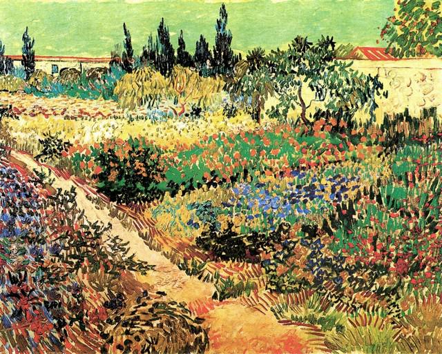 Van Gogh - Flowering Garden With Path: Artist: Vincent Van Gogh - Title: Flowering Garden with Path - Medium: Fine Art Reproduction Giclee on Archival Canvas - Image Size: Approximately 25.75 inches x 32 inches - Unframed on Unstretched Ca