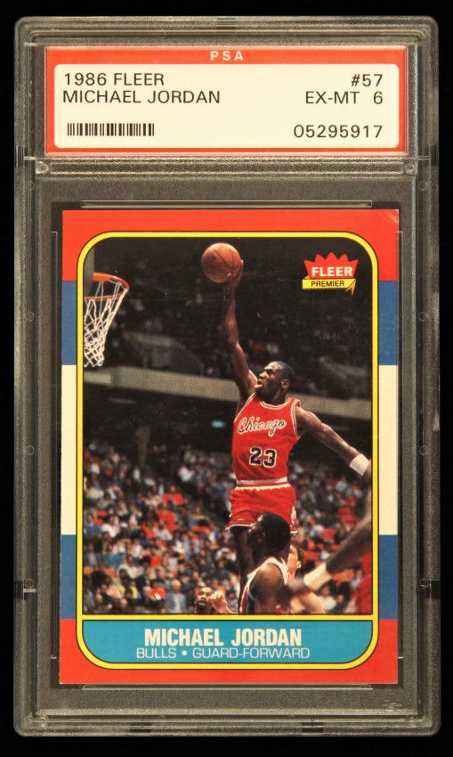 1986 FLEER Michael Jordan Rookie Card #57 PSA6 C326: 1986 FLEER Michael Jordan Rookie Card #57 PSA6 C326. Excellent Condition! NZ105JQ. One 1986 FLEER Michael Jordan Rookie Card 57 PSA Grade 6. Thank you for viewing this lot. We are always adding new in