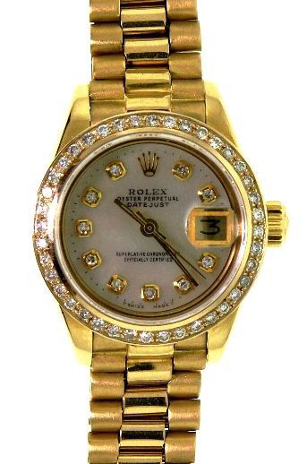 Ladies 18KT Gold Rolex Diamond DateJust Wristwatch A267: Ladies 18KT Gold Rolex Diamond DateJust Wristwatch A2675. Excellent Condition! RS1534MW. One ladies, hand crafted and machine milled Rolex DateJust model the Lady President wristwatch electronically t