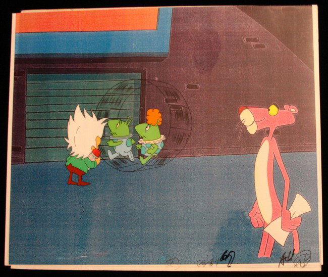 Pink Panther "Supporting Characters" Cartoon Cel and Dr: Pink Panther Supporting Characters" Cartoon Cel and Drawing PINKP48. As-Is Condition! JZ61GV. An original "Supporting Characters" cartoon Cel from The Pink Panther films created by Friz Freleng and MG
