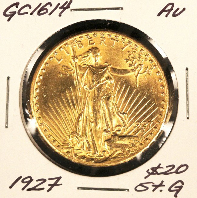 1927 $20 Au St. Gaudens Double Eagle Gold Coin GC1614: "1927 $20 Au St. Gaudens Double Eagle Gold Coin GC1614. As-Is Condition! RF1141QN. 1927 $20 Au St. Gaudens Double Eagle gold coin. Thank you for viewing this lot. We are always adding new inventory an
