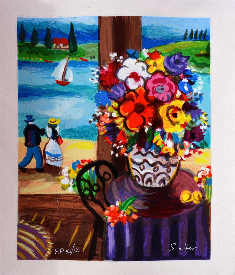 Shlomo Alter A Walk by the Lake: Artist: Shlomo Alter - Title: A Walk by the Lake - Medium: Serigraph on Fine Art Paper - Signature: Hand-signed by the Artist - Limited Edition: PP 50 - Paper Size: Approximately 10.5 inches x 8.5 inc