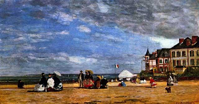 Eugene Louis Boudin - The Beach at Trouville: Artist: Eugene Louis Boudin - Title: The Beach at Trouville - Medium: Fine Art Reproduction Giclee on Canvas - Image Size: Approximately 10.5 inches x 20 inches - Unframed on Unstretched Canvas - Biog