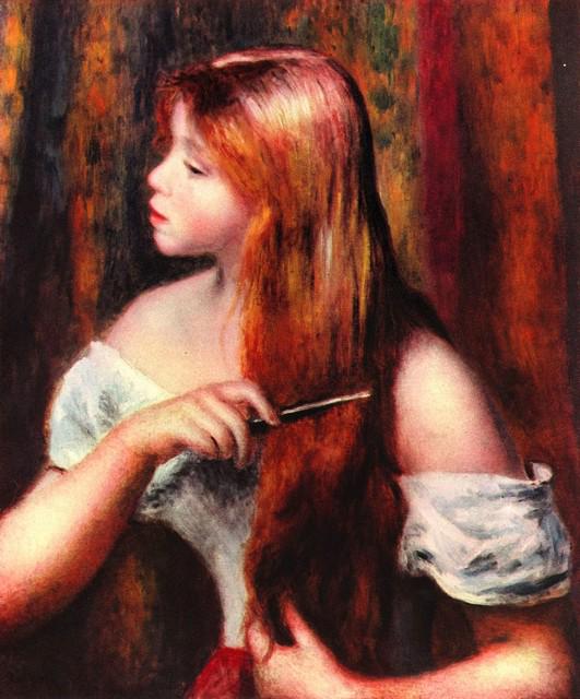 Renoir - Combing Girl: Artist: Pierre-Auguste Renoir 1841-1919 - Title: Combing Girl - Medium: Fine Art Reproduction Giclee on Canvas - Image Size: Approximately 20 inches x 16.5 inches - Unframed on Unstretched Canvas - Bi
