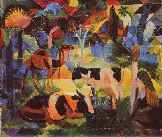 MACKE - Landscape With Cows And Camels: Artist: MACKE - Title: Landscape With Cows And Camels - Medium: Fine Art Reproduction Giclee on Canvas - Image Size: Approximately 16.75 inches x 20 inches - Unframed on Unstretched Canvas - Biography