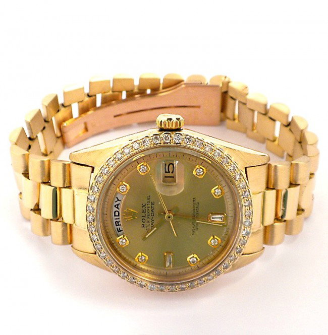 Gents Rolex 18KT Gold DayDate Wristwatch A2785: "Gents Rolex 18KT Gold DayDate Wristwatch A2785. Excellent Condition! JT1166NK. One gents, hand crafted and machine milled Rolex DayDate Model The President wristwatch electronically tested 18KT yello