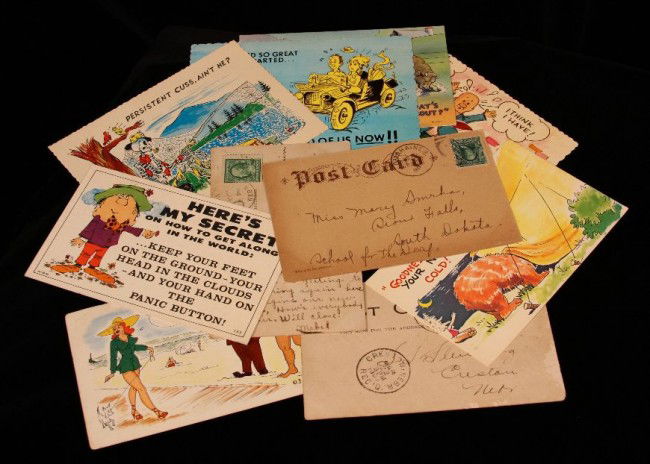 Ten Vintage Post Cards ED1033: "Ten Vintage Post Cards ED1033. Excellent Vintage Condition! UK6BN. Set of ten vintage post cards. Six have not been written on which include (1) Kromekolor Comic Card from Colorado Springs CO; (1) Mi
