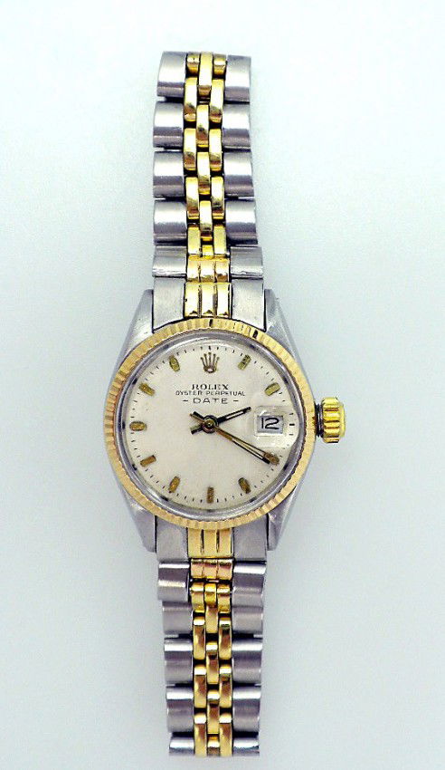 Vintage Lady Rolex Two-Tone Date Wristwatch A2708: "Vintage Lady Rolex Two-Tone Date Wristwatch A2708. Excellent Vintage Condition! MX6451YU. One ladies, hand crafted and machine milled Rolex Date Model Stainless Steel and 14KT yellow gold wristwatch