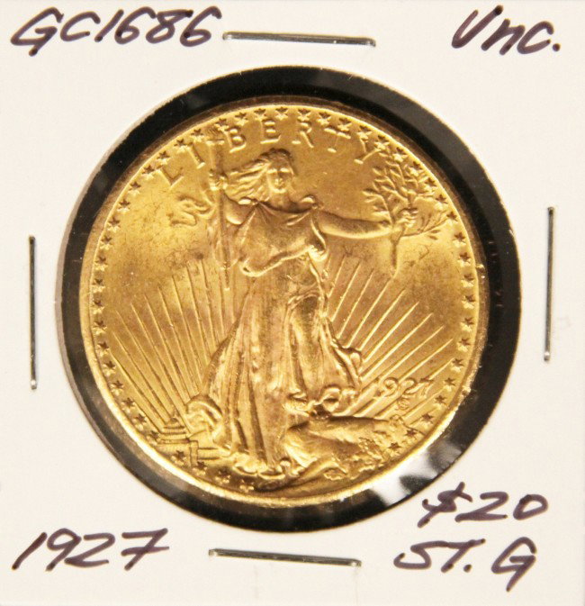 1927 UNC $20 St. Gaudens Double Eagle Gold Coin GC1686: "1927 UNC $20 St. Gaudens Double Eagle Gold Coin GC1686. As-Is Condition! WR6261HU. 1927 Uncirculated $20 St. Gaudens Double Eagle gold coin. Thank you for viewing this lot. We are always adding new i